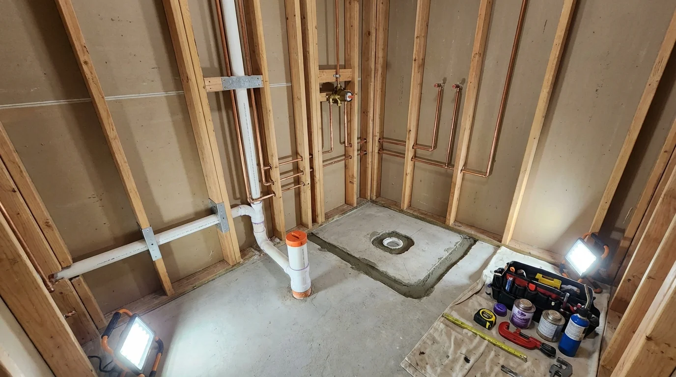 Bathroom rough-in plumbing during remodel by Johns Plumbing LLC in Ash Flat